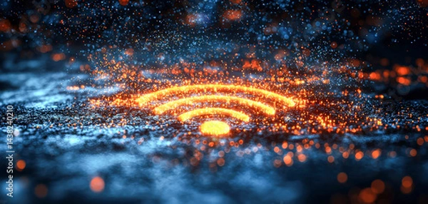 Obraz Wifi network connection, showcasing vibrant orange signals amidst sparkling blue background, evokes sense of modern technology and connectivity