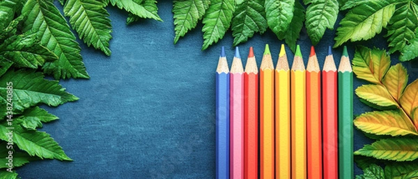 Obraz Colorful pencils arranged neatly among vibrant green leaves create refreshing and artistic atmosphere. This minimalist composition highlights creativity and nature beauty