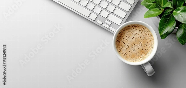 Obraz Minimalist photo featuring cup of coffee, computer keyboard, and green plant on light background, creating calm and productive workspace atmosphere