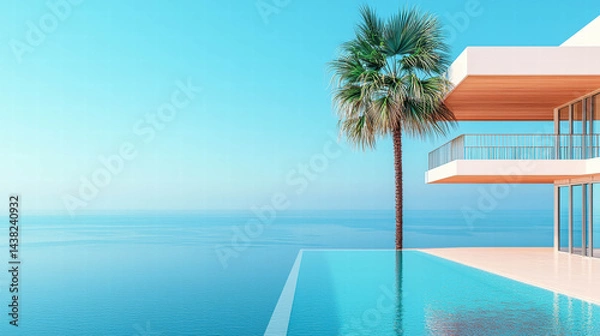 Obraz Stunning view of modern house featuring sleek infinity pool and palm tree against vibrant blue sky. tranquil atmosphere evokes sense of relaxation and luxury