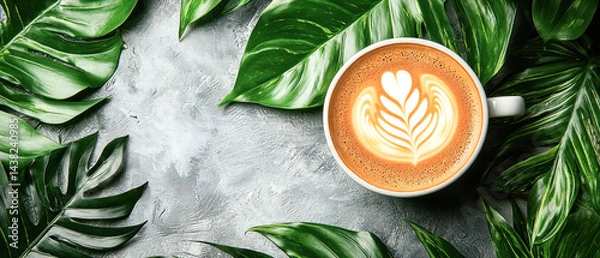 Obraz Beautiful coffee cup surrounded by lush green leaves creates serene atmosphere, perfect for relaxation and enjoyment. latte art adds touch of elegance to this minimalist setting