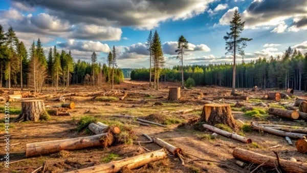 Fototapeta The aftermath of logging in a pine forest, showcasing the stumps and felled trees, with a few towering pines remaining standing in the distance, under a cloudy sky.