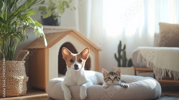 Fototapeta Dog and cat resting together in a pet bed in a bright room with plants and a dog house behind them
