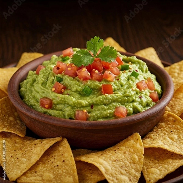 Fototapeta Close-up of a bowl of fresh guacamole topped with tomatoes and cilantro, surrounded by crispy tortilla chips on a wooden surface.