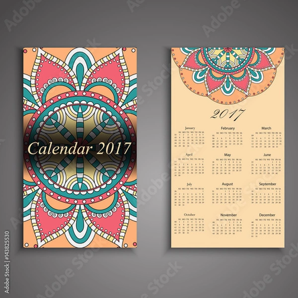 Obraz Vector calendar 2017 with decorative elements. Vector mandala design. Template can be used for web and print design.