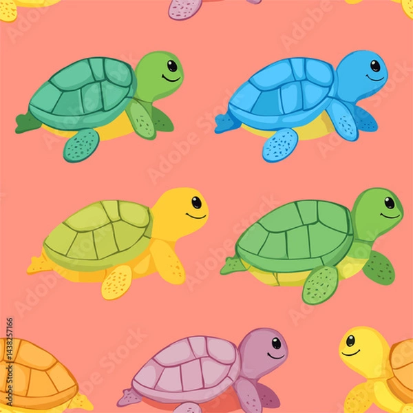 Obraz Cute cartoon turtles and tortoises, aquatic and wild reptiles with green shells, form a seamless vector illustration pattern