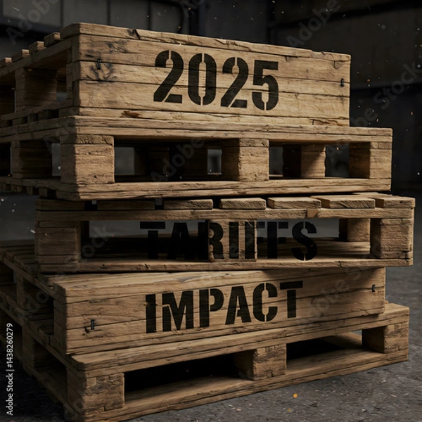 Fototapeta Close view of stacked wooden pallets with "2025" and "TARIFFS" stenciled in black, and "IMPACT" in a distressed black font. Generative AI.