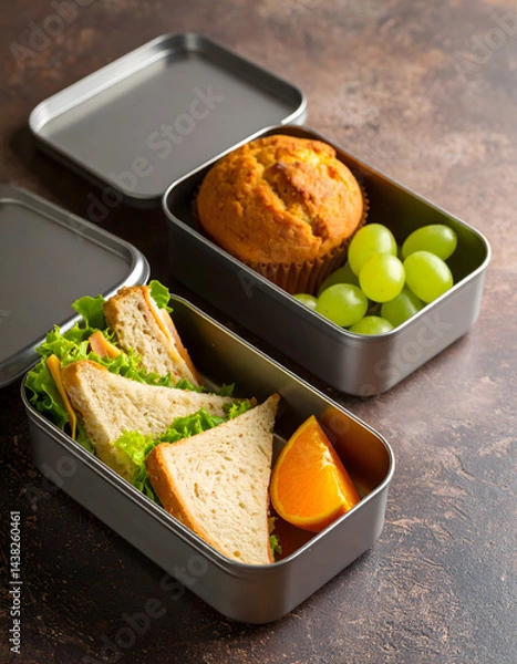 Fototapeta Two metallic lunch boxes with food items, one with sandwiches and an orange slice, the other with a muffin and grapes. Generative AI.