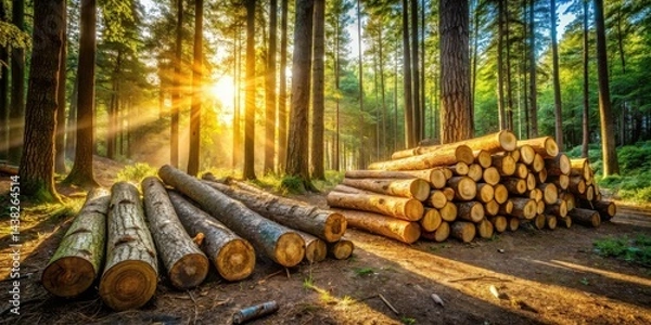 Obraz Sunlight streams through the tall trees of a forest, casting long shadows on the ground, where stacks of freshly cut logs lie in wait.