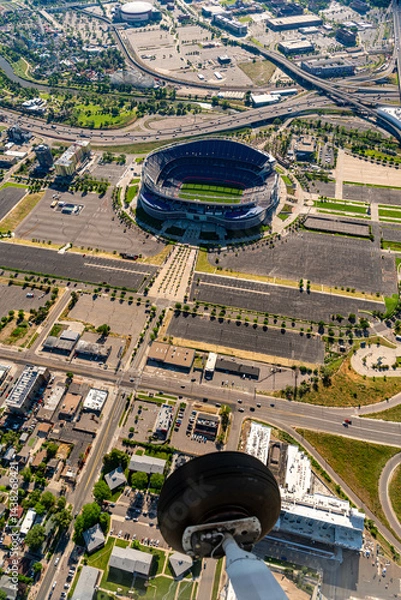 Obraz Visible wheel of airplane in aerial view of Denver football stadium