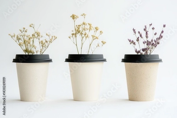 Obraz composition of disposable coffee cups with floral pattern - concept of nature in everyday life, floral decoration