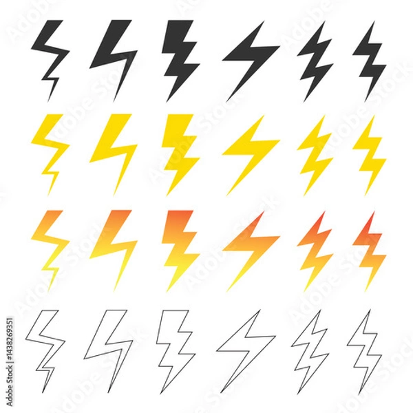 Obraz Lightning Bolt Icon Set  Electric Thunderbolt Symbols Vector Collection