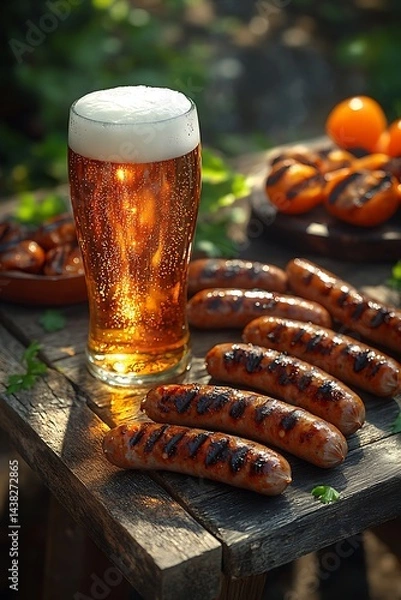 Obraz Grilled sausages and a refreshing beer on a rustic outdoor table.