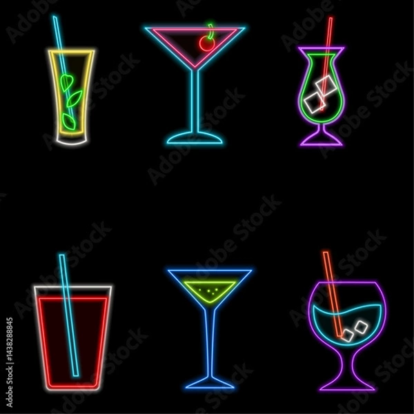 Obraz Neon Margarita Cocktail Design Element. Cocktail Glass with Lemon. Cocktail bar, pub. Popular alcoholic cocktail. Vector illustration.