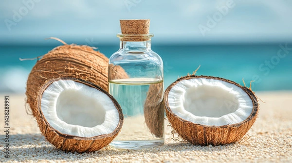Fototapeta Coconut oil bottle with fresh coconuts on sandy beach