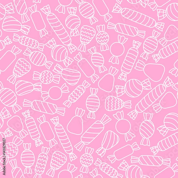 Fototapeta Vector outlined white candies on the pink background. Seamless pattern.