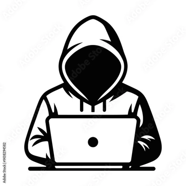 Fototapeta Hooded Figure Using Laptop - Hacker or Anonymous Illustration