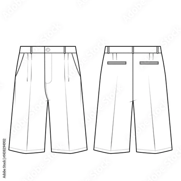 Obraz Technical flat sketch of Bermuda pants. Formal shorts with welt pockets. Side pocket, Pleated vertical darts. Vector mock up Template. 