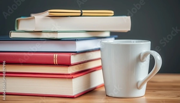 Obraz Stack of Books and White Mug on Wooden Table