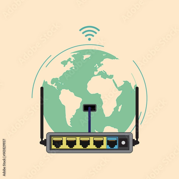 Fototapeta Wi-Fi router
The router is on the background of the globe. Connect via Wi Fi. Vector icon in flat style.