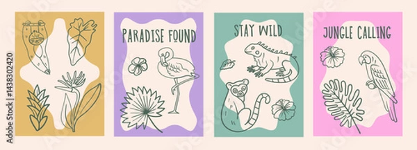 Fototapeta Hand-drawn doodle cards imitating pen line art. Exotic animals, tropical plants, and jungle vibes, ideal for summer-themed, adventure, and travel projects.