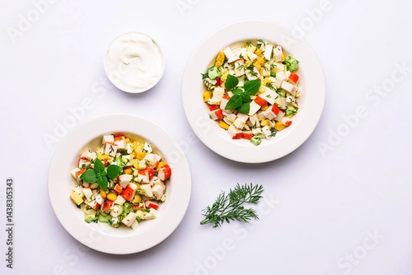 Obraz Fresh crab stick salad with cucumber, dill, eggs, corn and homemade mayonnaise sauce on light table top view. 
