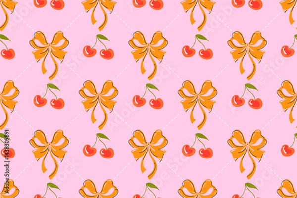 Obraz Cute red cherry with yellow coquette bows seamless pattern. Trellis with fruit on pink color background