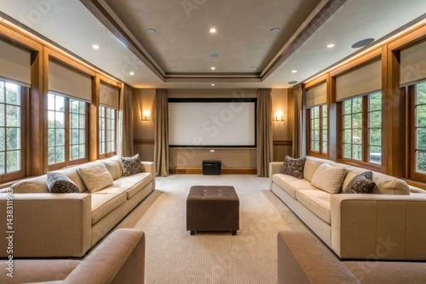 Fototapeta Cozy Home Theater Room with Large Screen and Comfortable Seating for Movie Nights