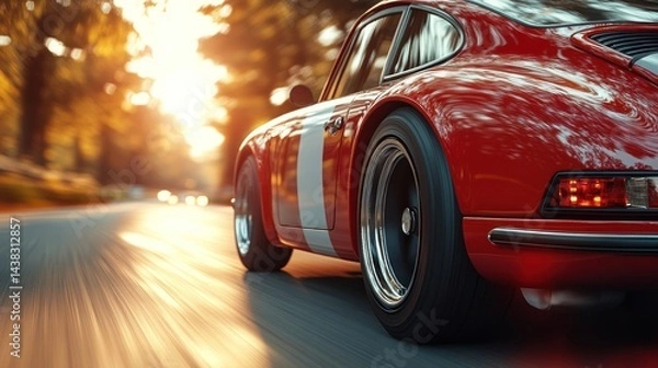 Fototapeta Red sports car driving on a road with trees in the background.