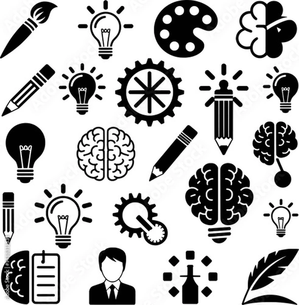Fototapeta Creative thinking and design elements black silhouette vector illustration
