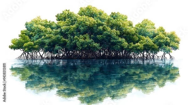 Fototapeta Lush mangrove island reflecting in calm waters, showcasing vibrant greenery and serene nature