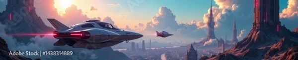Fototapeta Surreal space cityscape with futuristic buildings and flying vehicles, flying vehicles, futuristic, fantasy