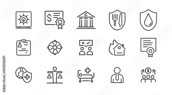 Fototapeta Insurance line icon set. Employe benefits, secure life, car accident, health, bank, property, coverage, security, guarantee, assurance, indemnity outline icon collection. UI thin outline icon pack