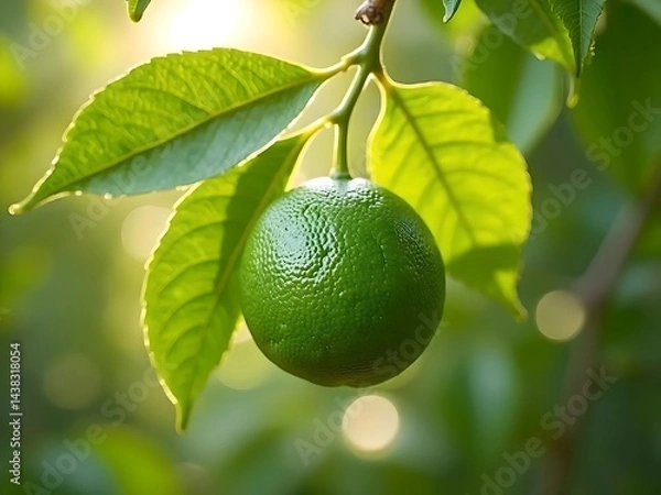 Obraz Single Green Citrus Fruit Hanging from Branch with Leaves

