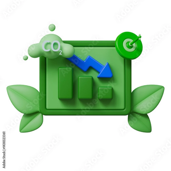 Obraz Green chart showing carbon dioxide emissions reduction with eco leaves and target symbol.