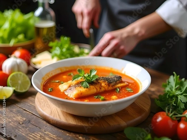 Obraz Chef Garnishing Grilled Salmon with Lemon and Vegetables


