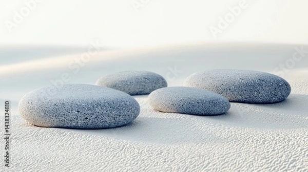 Fototapeta A group of smooth, rounded rocks arranged on a flat, light sand surface on a white background