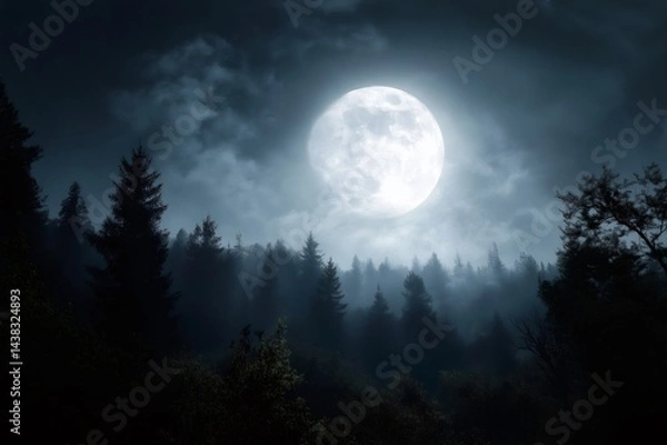 Fototapeta Bright full moon illuminating a mysterious and foggy forest at night, creating a magical atmosphere