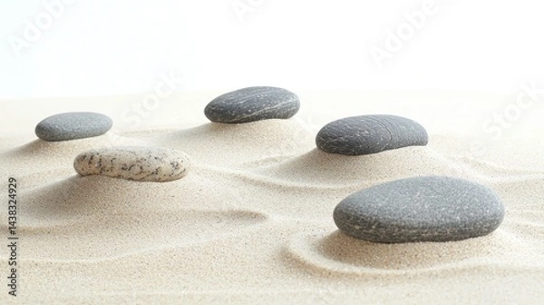 Fototapeta A natural arrangement of rocks and pebbles on soft sand, creating a calm and serene scene on a white background