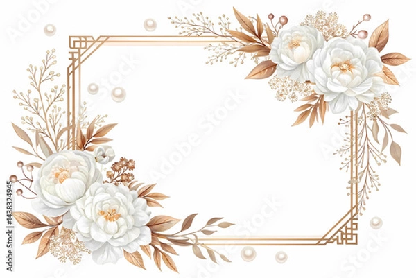 Fototapeta Elegant white peonies and gold frame wedding invitation design with delicate details and soft lighting
