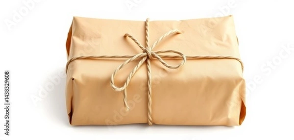 Fototapeta Aged brown paper parcel tied with twine, isolated on white, parcel,  concept