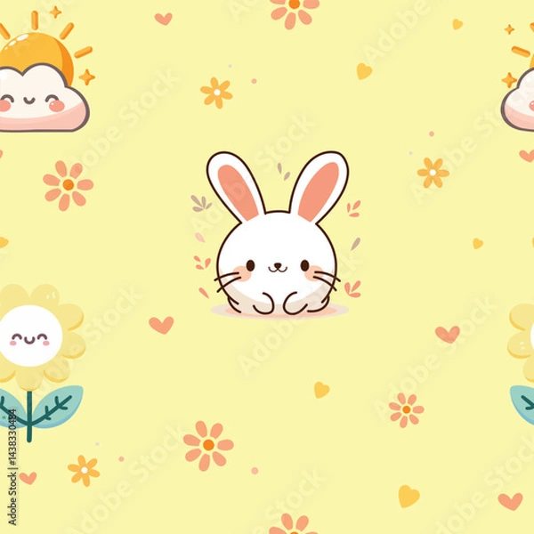 Fototapeta Vector illustration of cute bunny seamless pattern with sunflowers and suns repeating