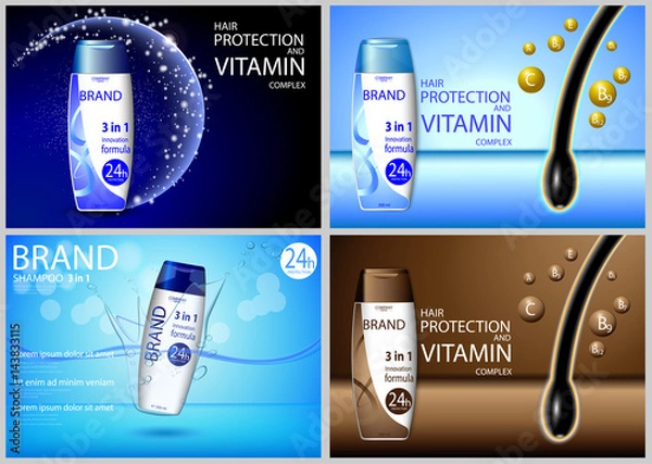 Obraz eps 10 vector advertising posters set of revolutionary formula hair shampoo: hair follicle vitamin protection, 3-in-1 complex, anti-dandruff effect. Realistic brand cosmetic package, web, print banner