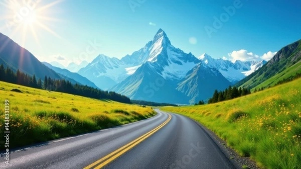 Fototapeta Asphalt ribbon unwinding through vibrant meadows towards majestic snow-capped peaks under a brilliant sun.