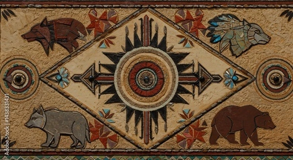 Obraz Native American Mosaic with Bears and Wolf
