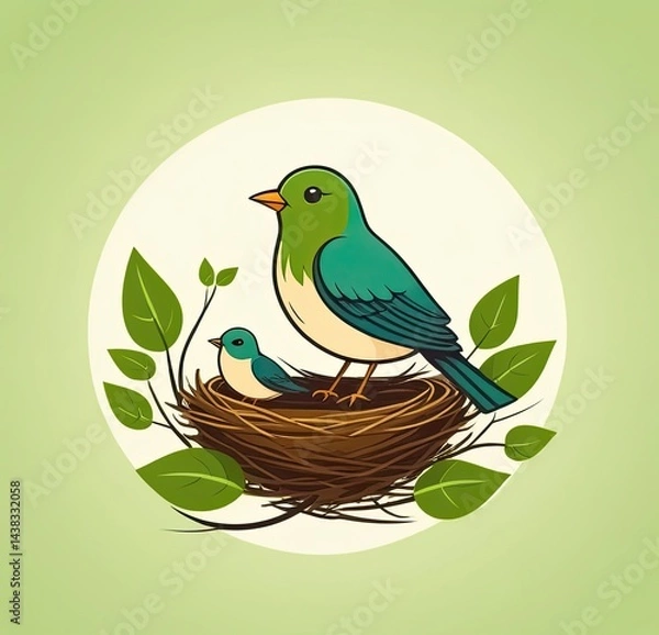 Obraz Colorful bird family in a nest with green leaves on a light background illustrating love