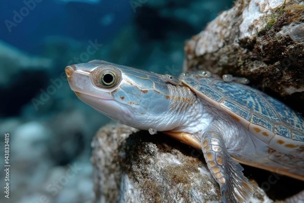 Fototapeta A mesmerizing underwater shot of a turtle resting on a rocky surface, showcasing its stunning shell patterns and tranquil expression in a serene aquatic environment.