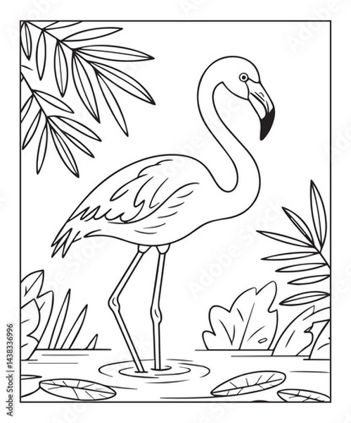 Fototapeta Flamingo on nature background coloring page for kids, black line art vector illustration on white background