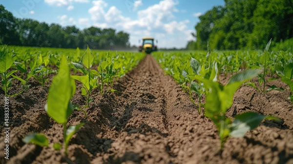 Fototapeta A tractor is spraying pesticides on a soybean field in the morning, representing modern agricultural practices and technology