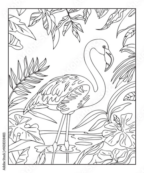 Fototapeta Flamingo on nature background coloring page for kids, black line art vector illustration on white background